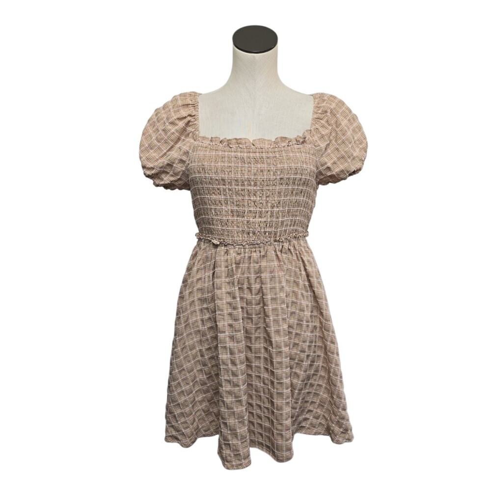 Mabel Brown Plaid Cottage Core Dress Size Medium Puff Sleeve Lace‎ Up Back